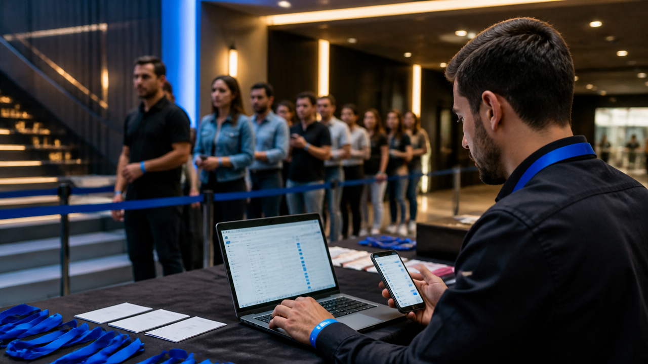 Organizador gerenciando lista de espera de um evento em mesa de credenciamento com fila ao fundo