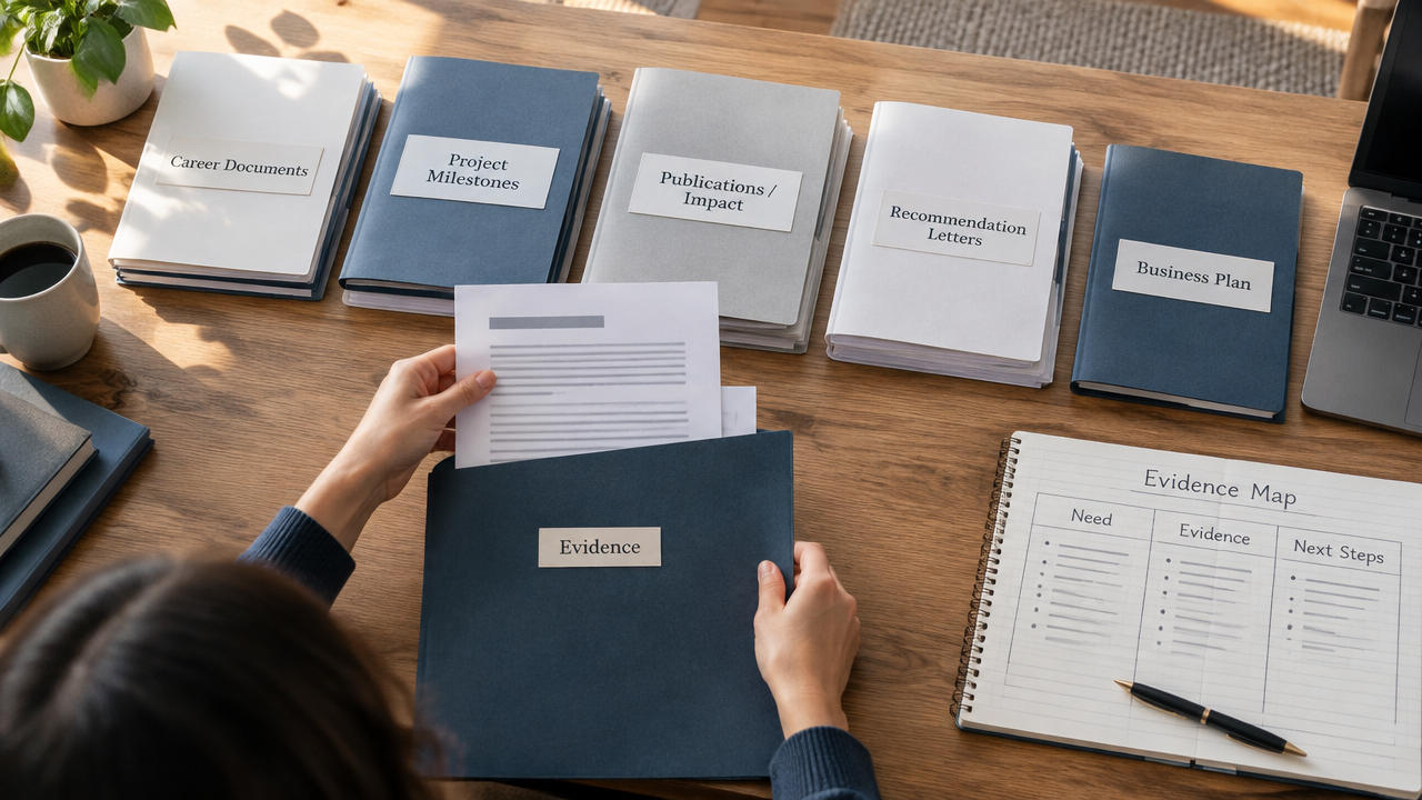 Career records and project evidence being mapped into an organized immigration petition