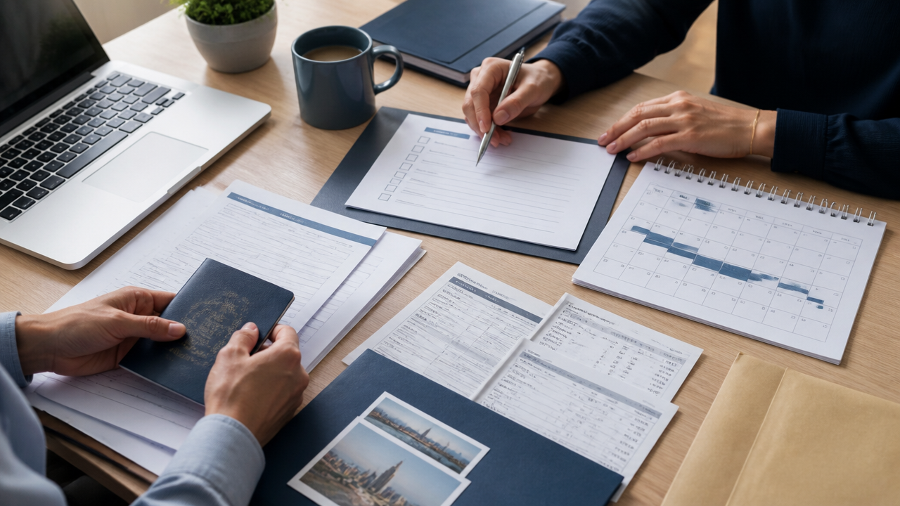 Organized immigration case documents, checklist, and laptop on a professional desk