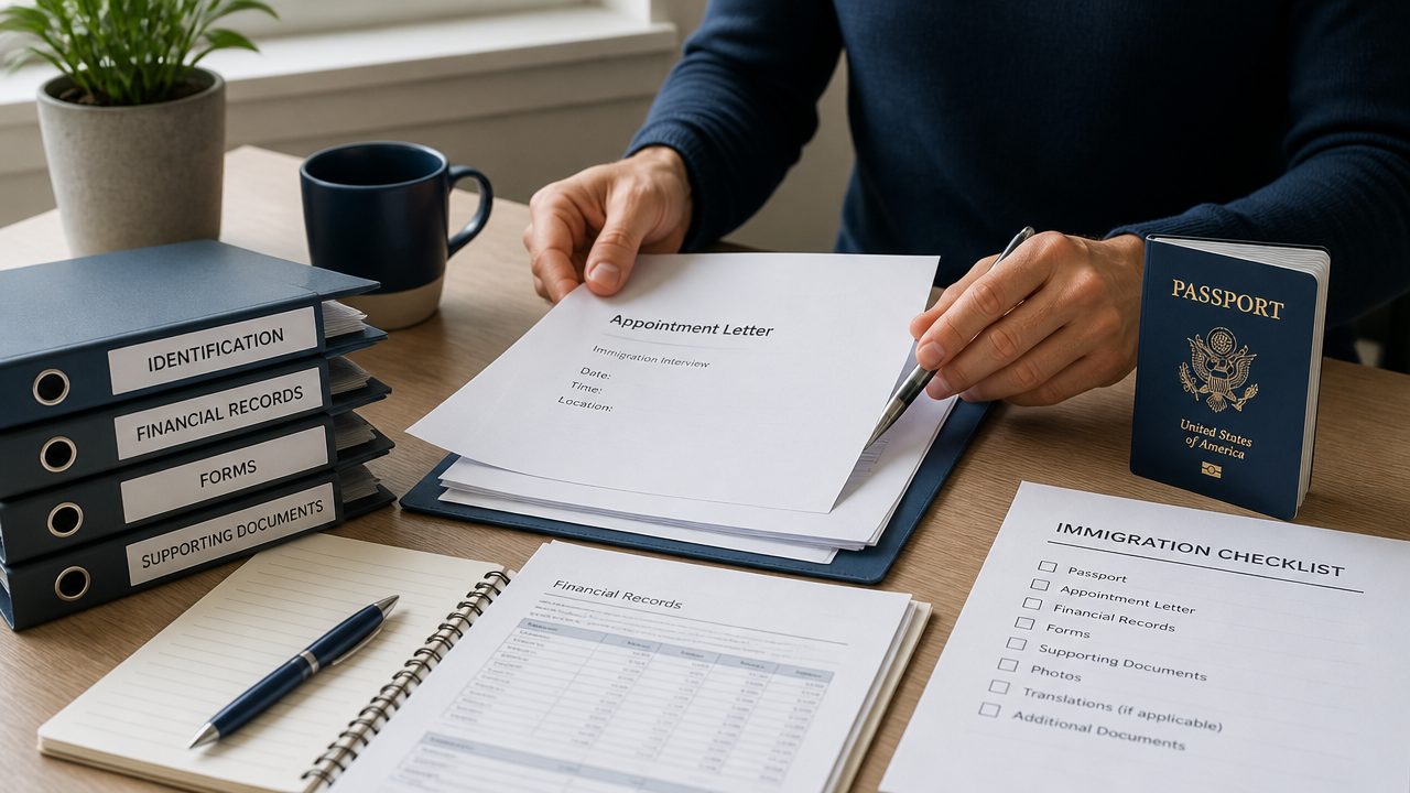 Organized immigration documents and checklist on a desk before a visa interview