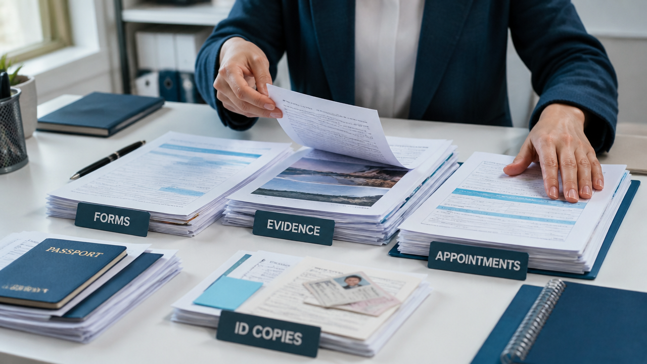 Organized immigration forms and evidence being reviewed to avoid filing delays