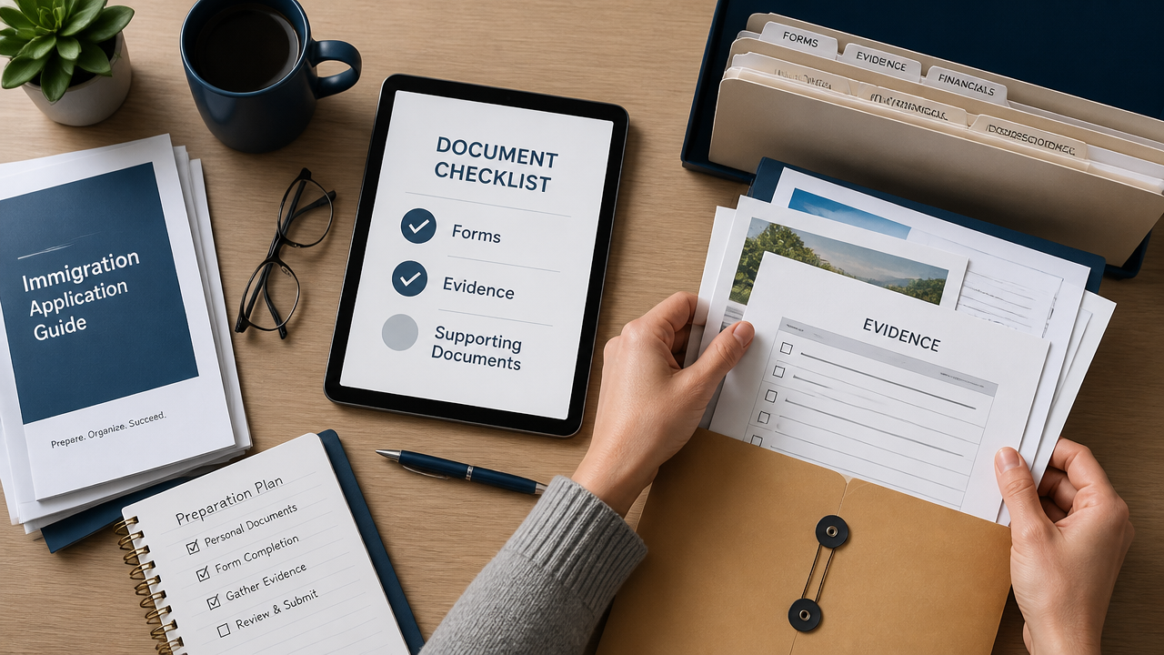 Organized immigration paperwork and checklist on a desk