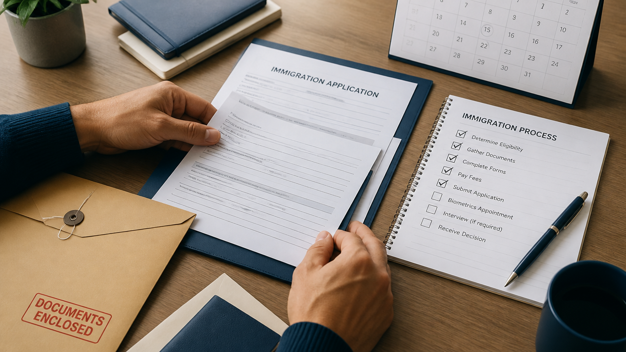Organized immigration paperwork, checklist, and calendar on an office desk