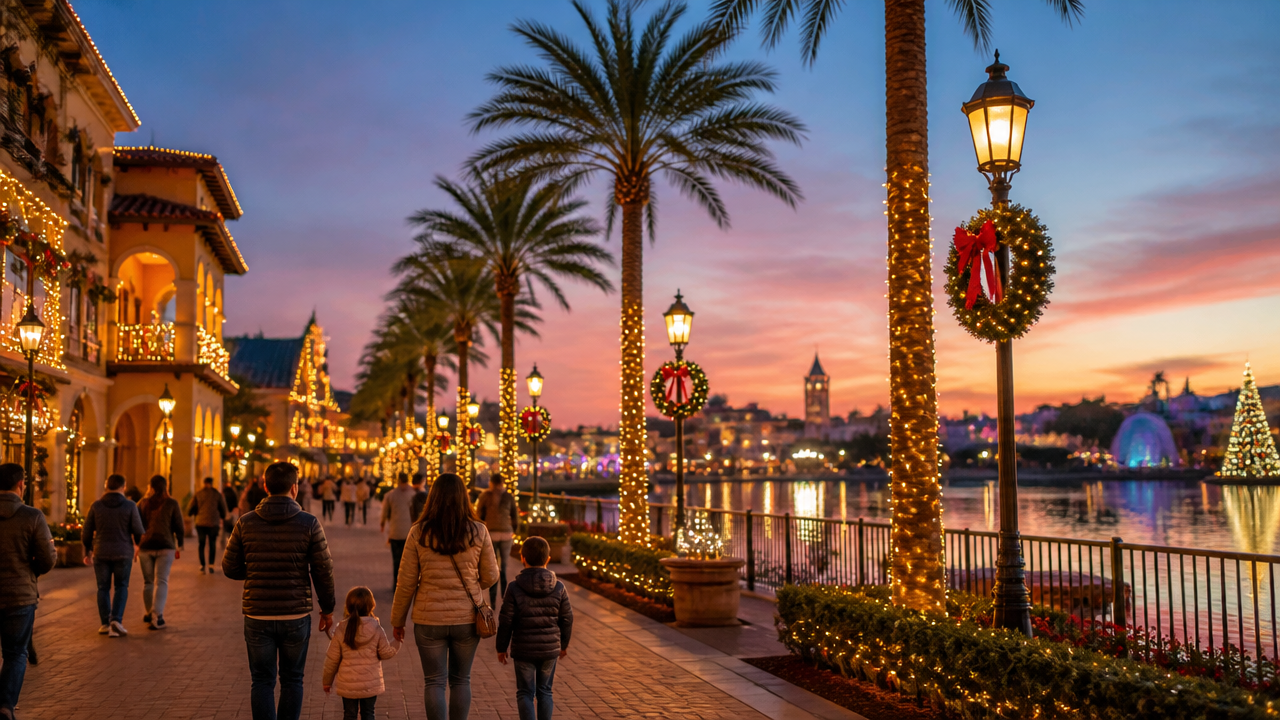 Orlando decorada para o Natal em dezembro, com famílias passeando ao entardecer