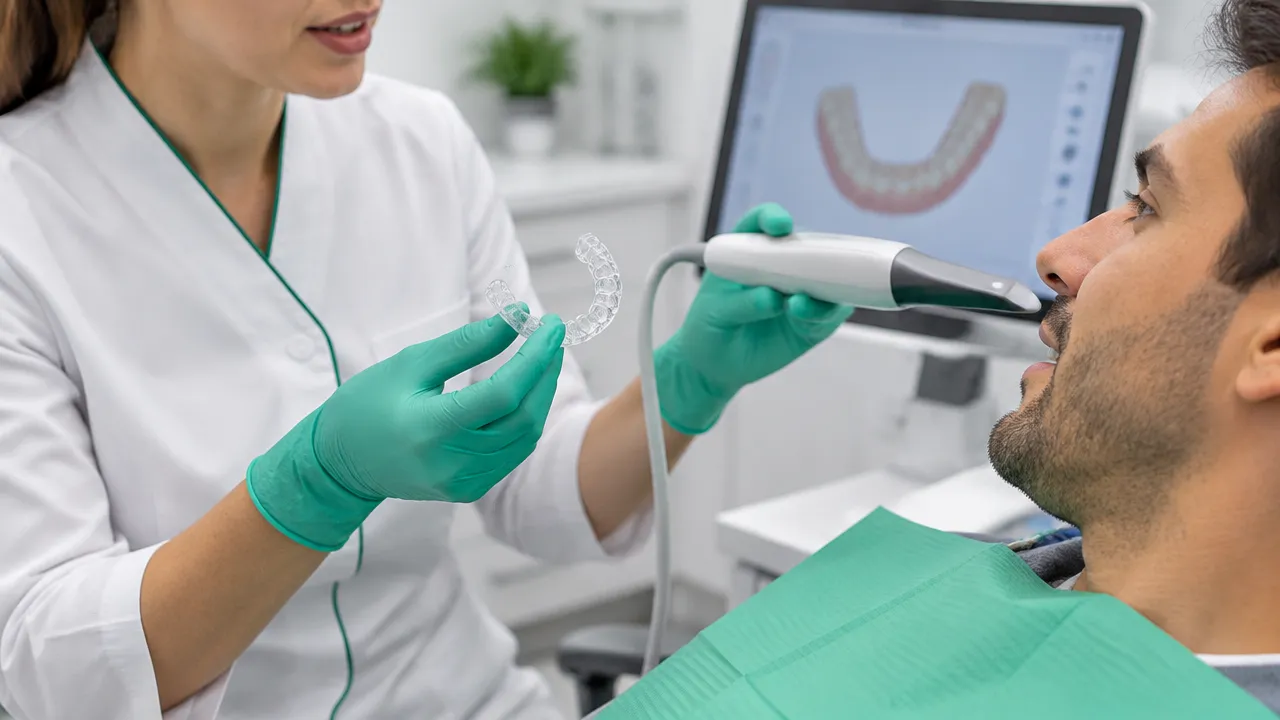 Ortodontista avalia uma contenção transparente e faz um escaneamento intraoral durante uma consulta.