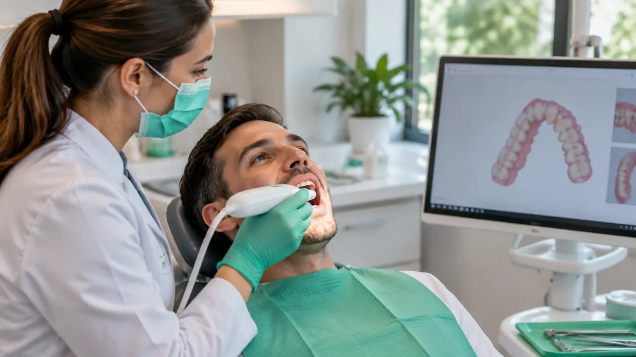 Ortodontista realiza escaneamento intraoral digital para documentar a posição dos dentes e planejar o tratamento