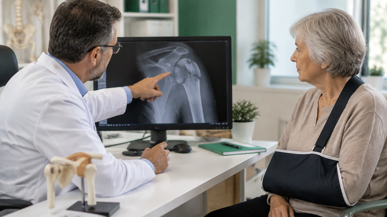 Ortopedista analisa radiografia do ombro com paciente para definir o tratamento de uma fratura