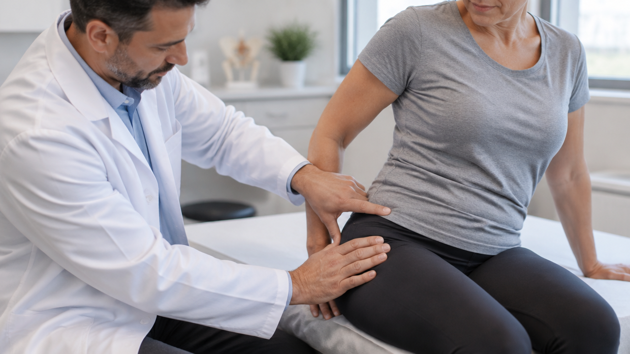 Ortopedista avaliando com cuidado a lateral do quadril de uma paciente durante consulta