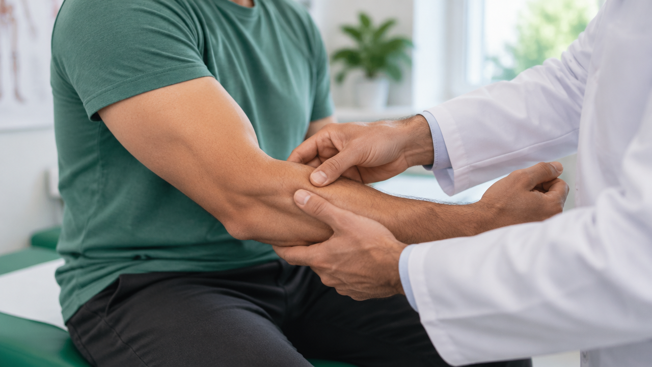 Ortopedista examina cuidadosamente a parte anterior do cotovelo de um paciente para avaliar possível lesão do tendão do bíceps.
