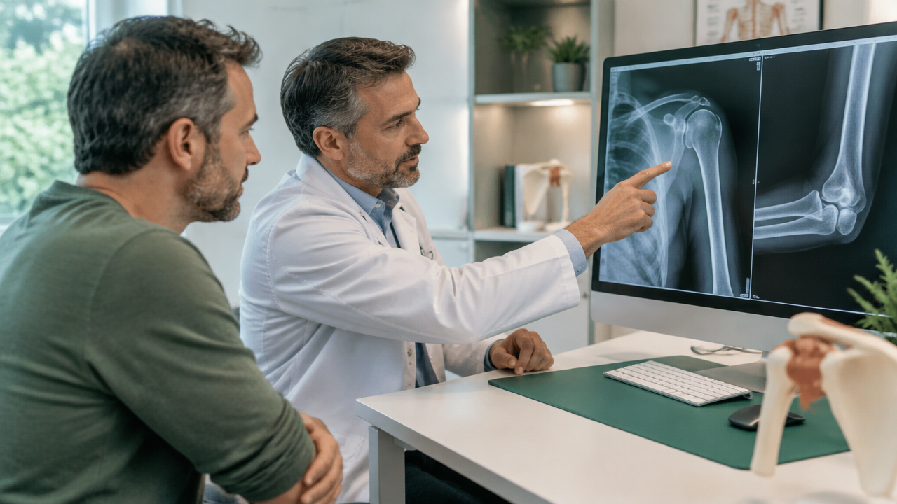 Ortopedista explica radiografias de ombro e cotovelo durante avaliação de fratura