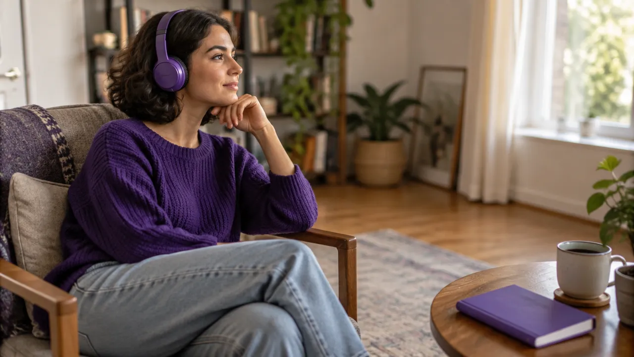 Oyente atento explora una canción desconocida en un entorno tranquilo.