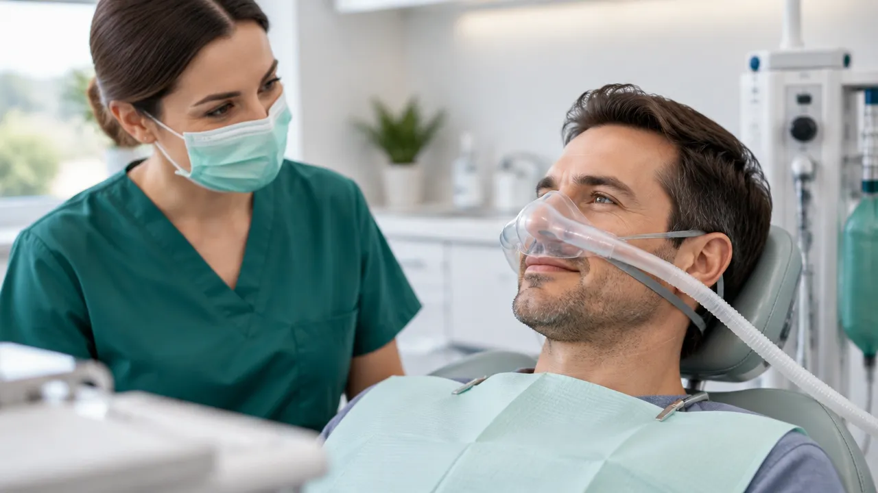 Paciente acordado respirando pela máscara nasal enquanto a equipe odontológica acompanha a sedação consciente