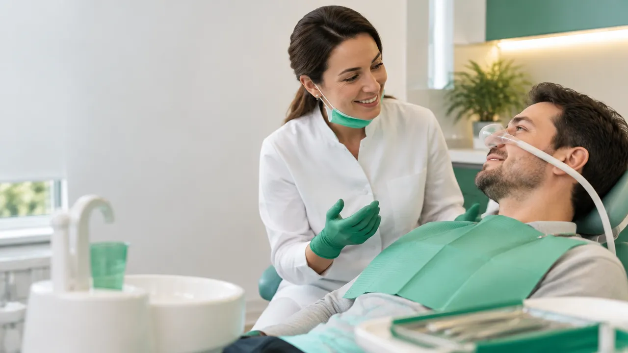 Cirurgiã-dentista conversa com paciente que utiliza máscara nasal durante atendimento odontológico.
