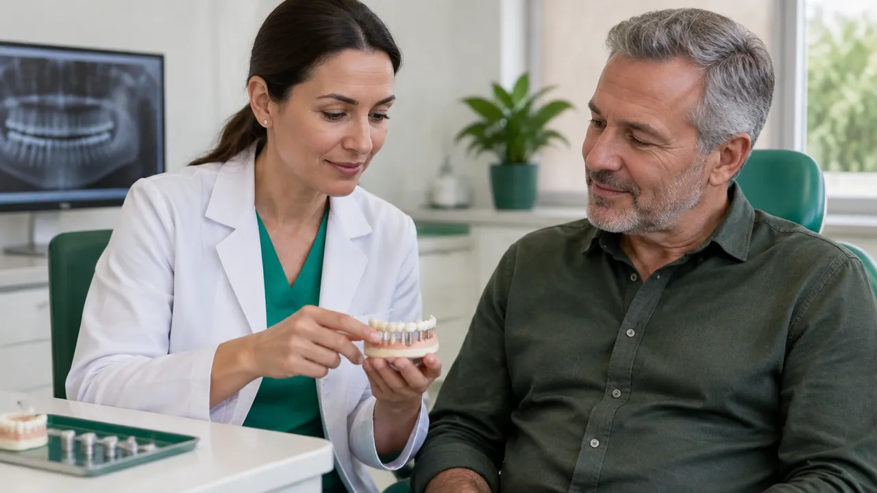 Cirurgiã-dentista apresenta modelo de prótese fixa sobre implantes a paciente durante consulta.