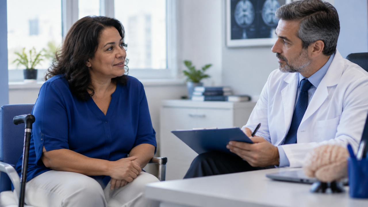 Paciente conversa com neurologista sobre limitações funcionais e acompanhamento de saúde