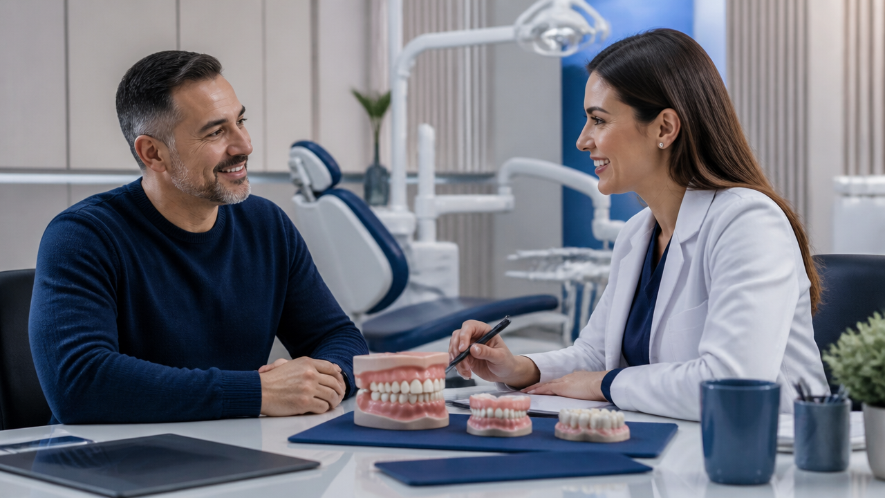 Paciente conversando com dentista sobre prótese fixa e removível em consultório odontológico moderno