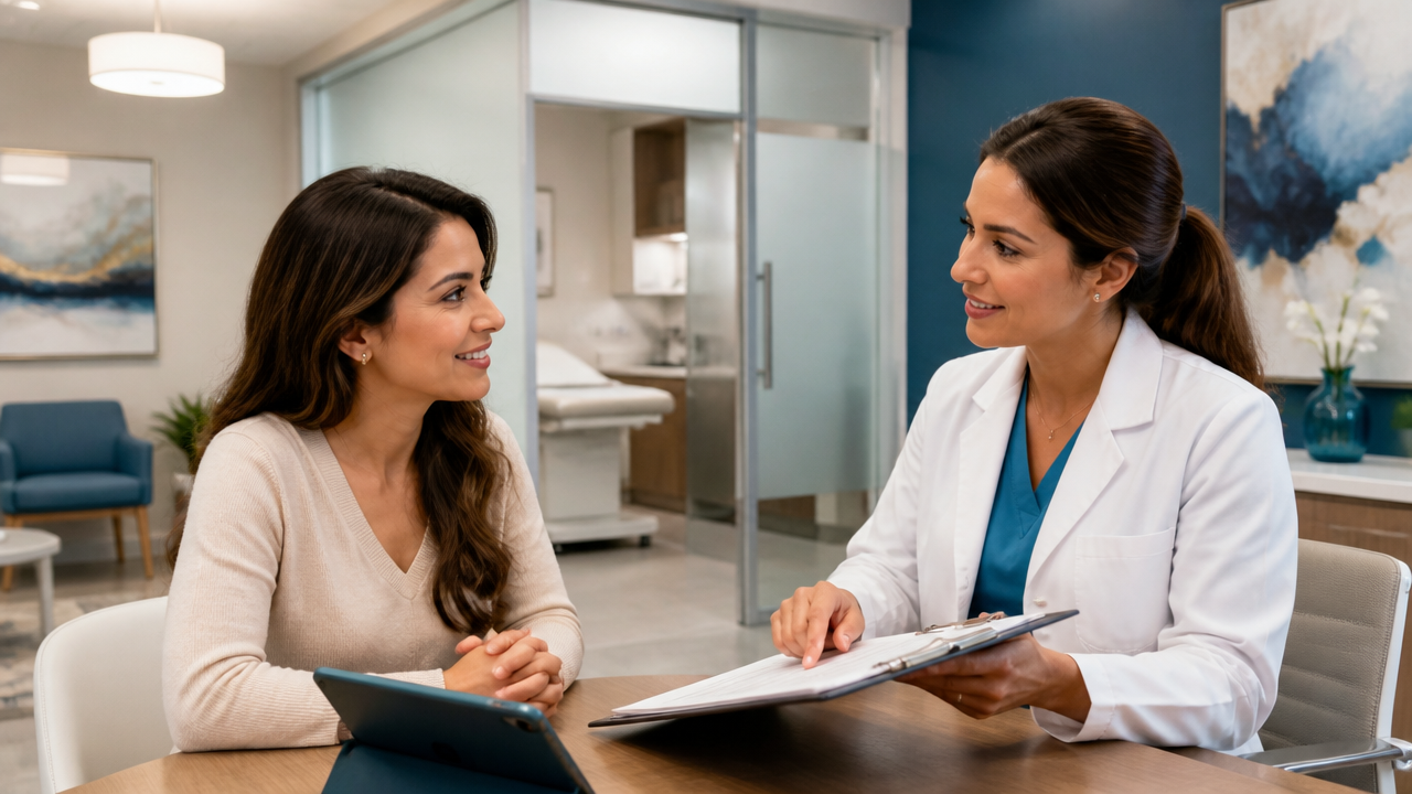 Paciente conversando com profissional de saúde sobre onde fazer exames e organizar um check-up em clínica moderna