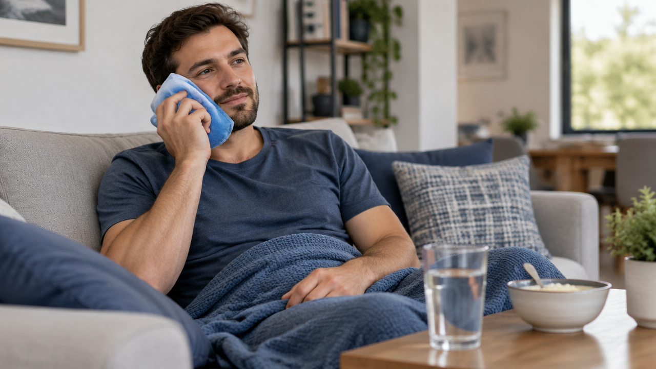 Paciente descansando em casa com compressa fria e alimentos macios durante a recuperação de cirurgia oral.
