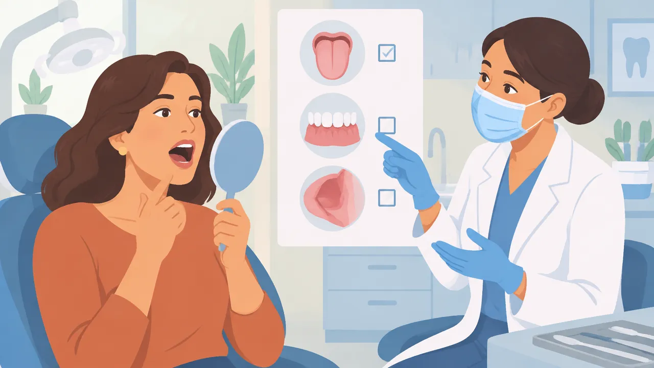 Paciente e dentista conversam sobre alterações na língua, gengiva e mucosa da boca