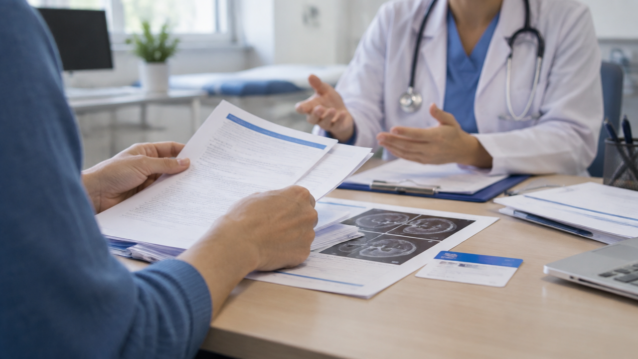 Paciente e oncologista revisam relatório, prescrição e exames para solicitar tratamento oncológico