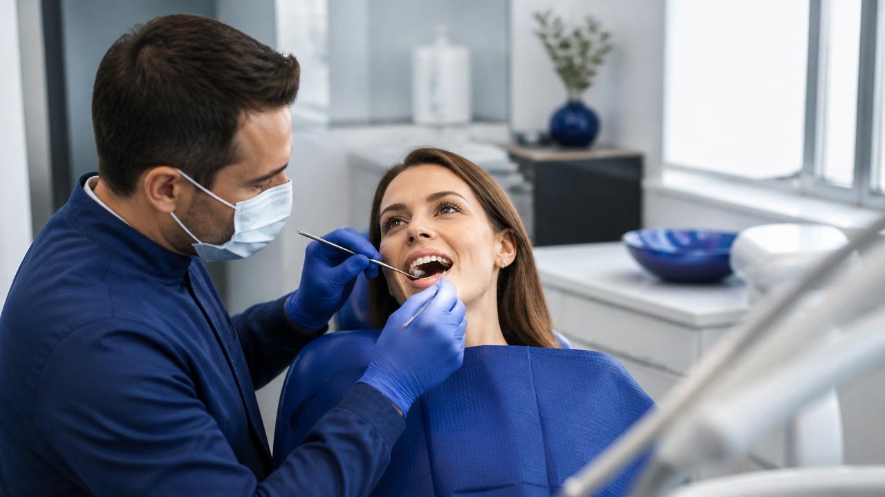 Paciente em avaliação odontológica da gengiva em clínica moderna