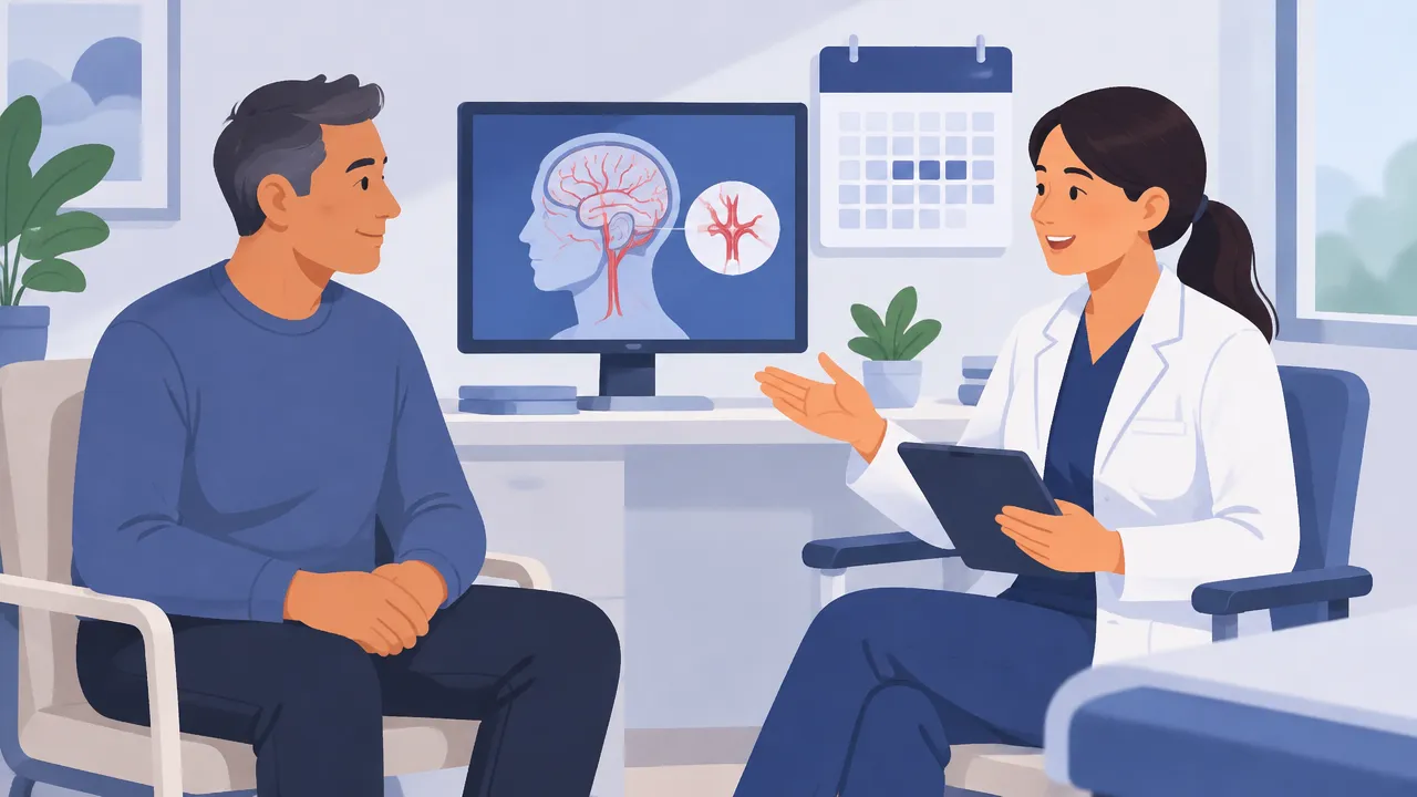 Paciente em consulta de acompanhamento com imagem cerebral após tratamento endovascular