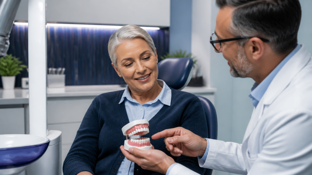 Paciente em consulta odontológica conhecendo opções de prótese total para perda de todos os dentes