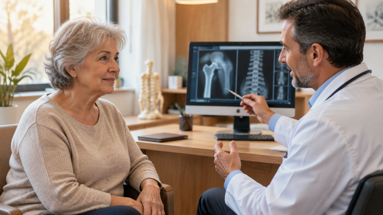 Paciente madura conversa com ortopedista sobre avaliação e cuidados para osteoporose