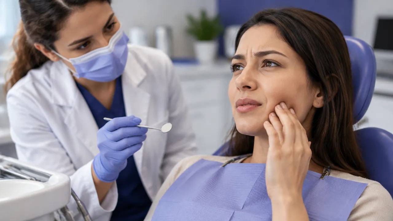 Paciente mostra inchaço na bochecha durante avaliação odontológica de uma possível infecção dentária.