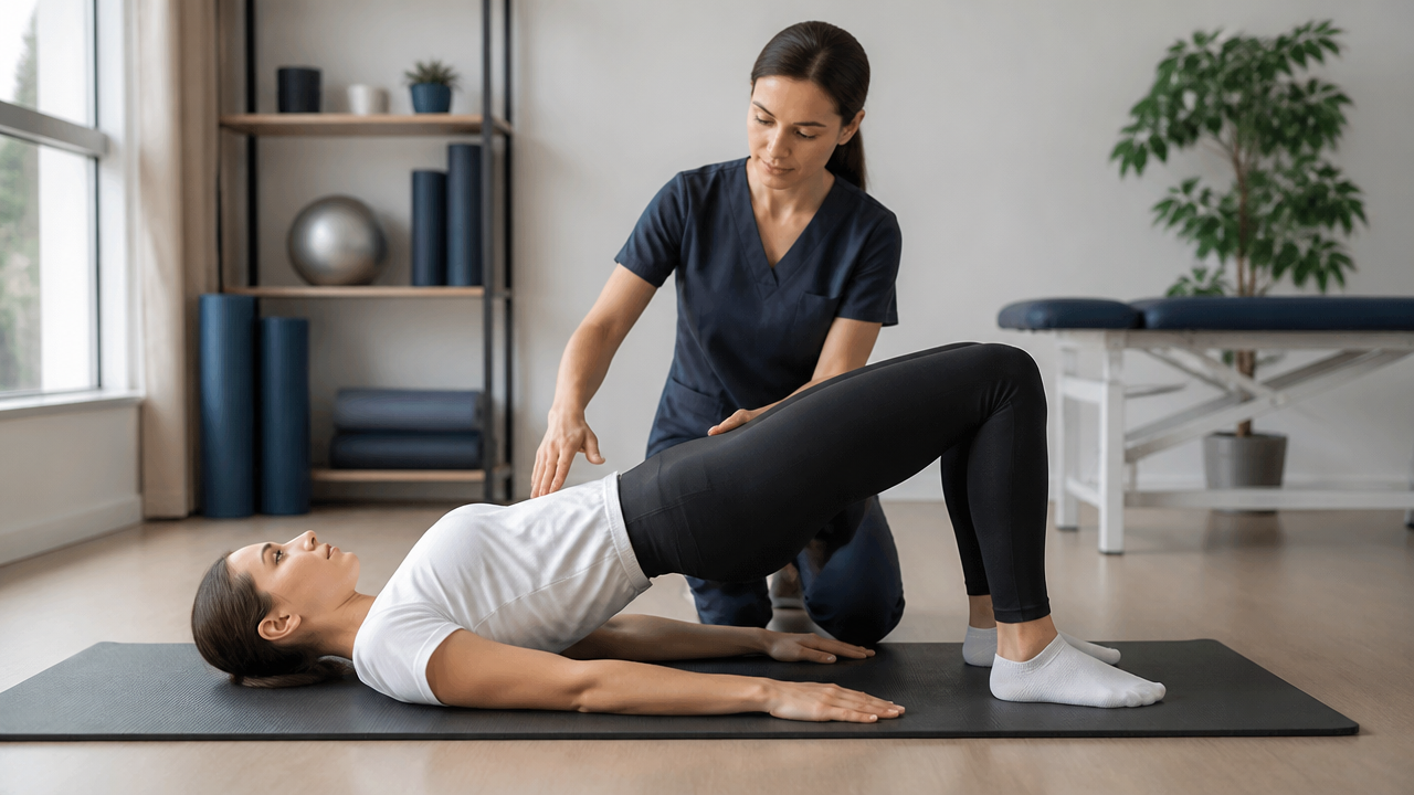 Paciente realizando exercício orientado de estabilização pélvica em sessão de fisioterapia