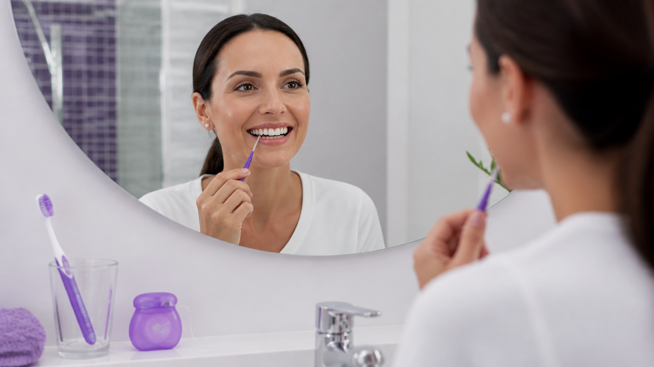 Paciente usando escova interdental para higienizar a região entre os dentes