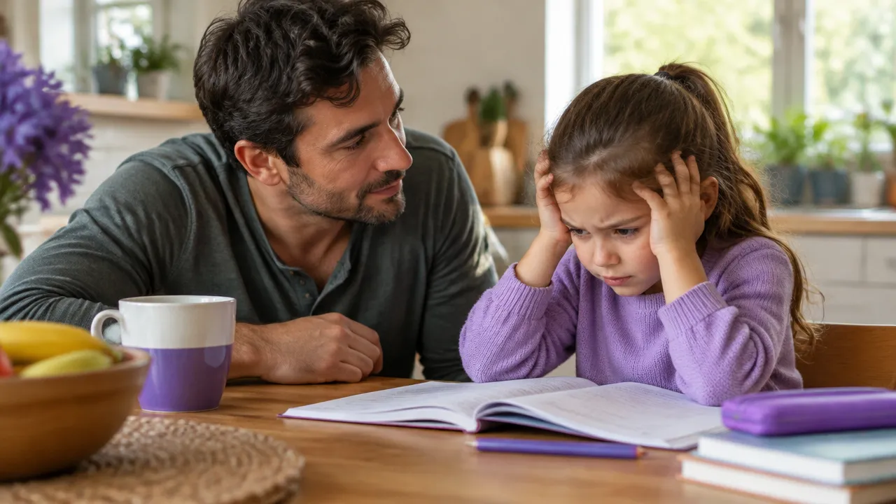 Padre que hace una pausa y escucha con calma a su hija durante un momento de frustración