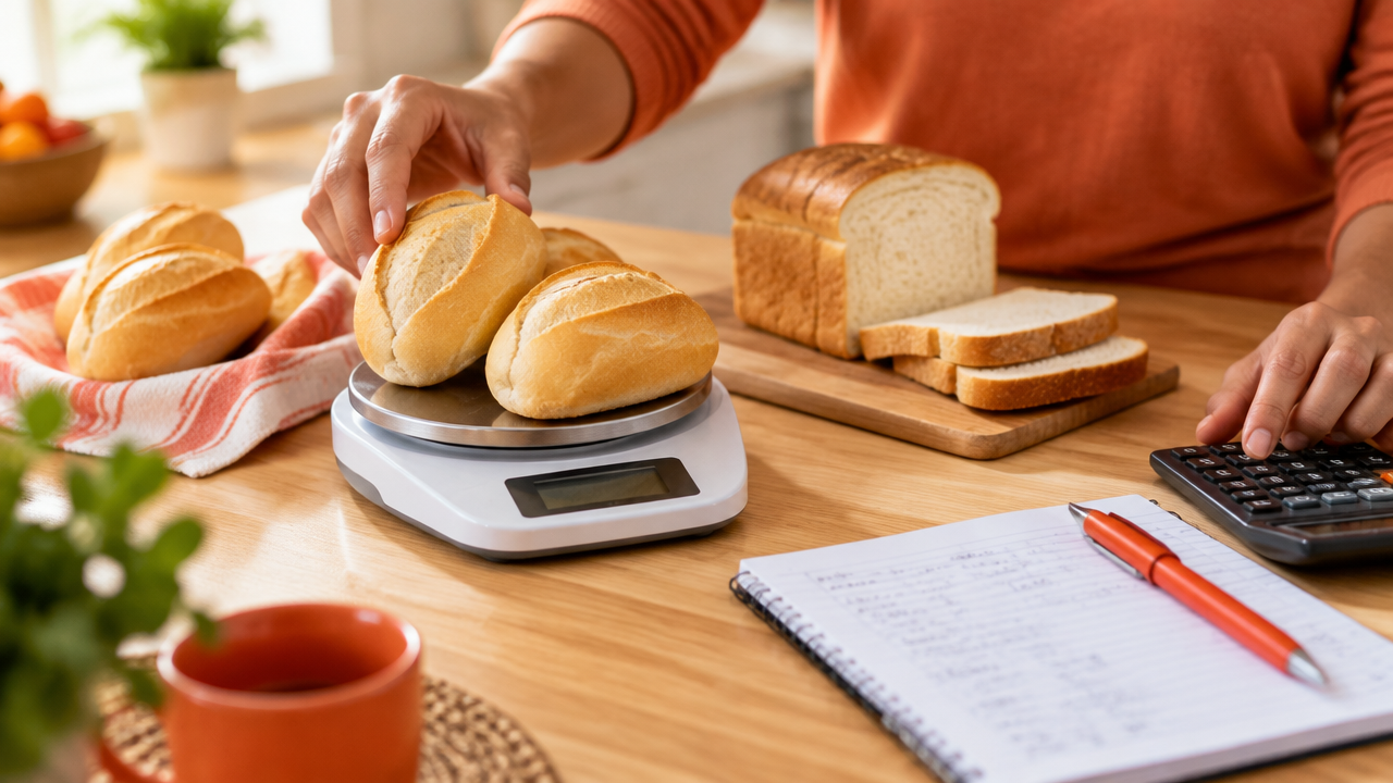 Pães franceses sendo pesados em uma balança para comparar o preço por quilo