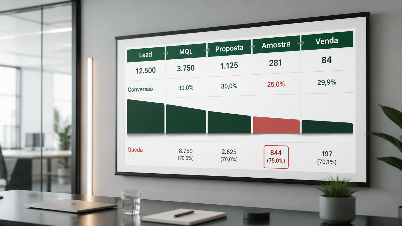 Painel com etapas do funil comercial e percentuais de conversão entre Lead, MQL, Proposta, Amostra e Venda