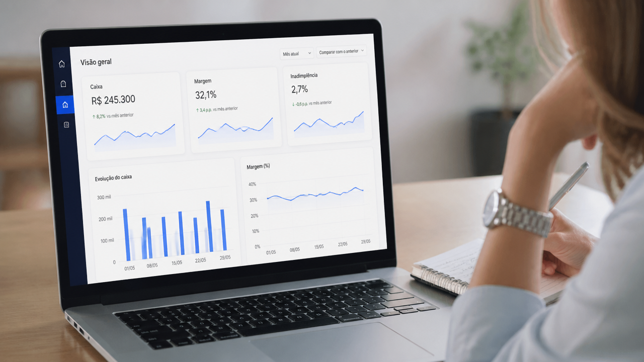 Painel com indicadores financeiros sendo analisado por empreendedora