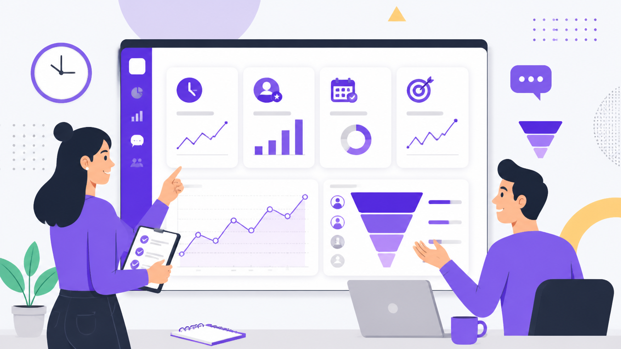 Painel com métricas de tempo de resposta, leads e conversão em atendimento conversacional