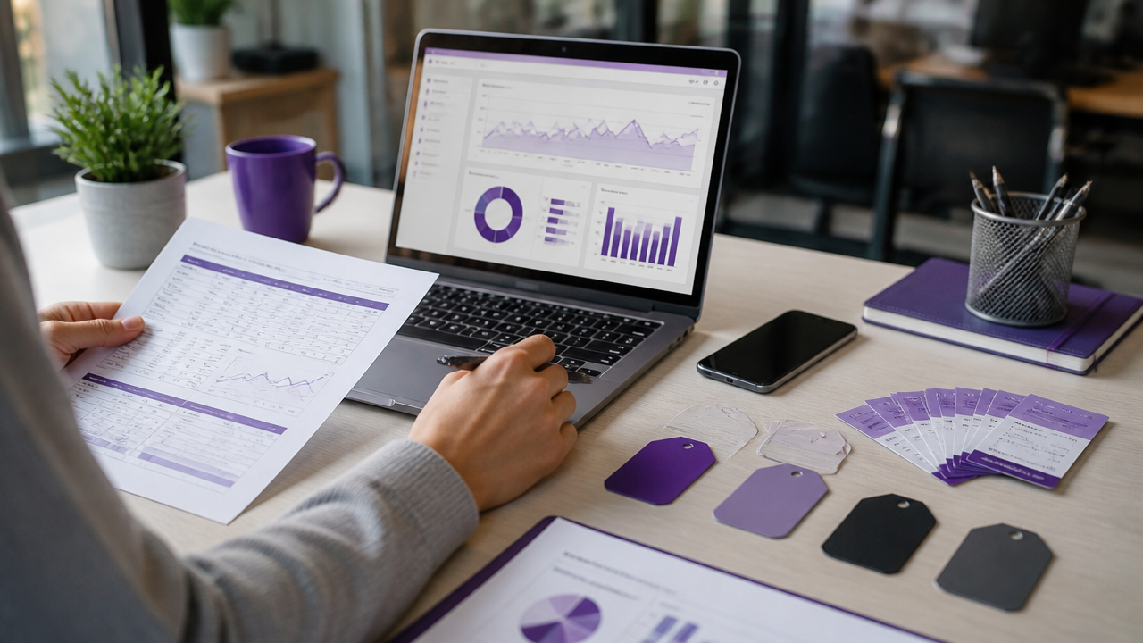 Painel de comissões e cupons sendo gerenciado em notebook e documentos