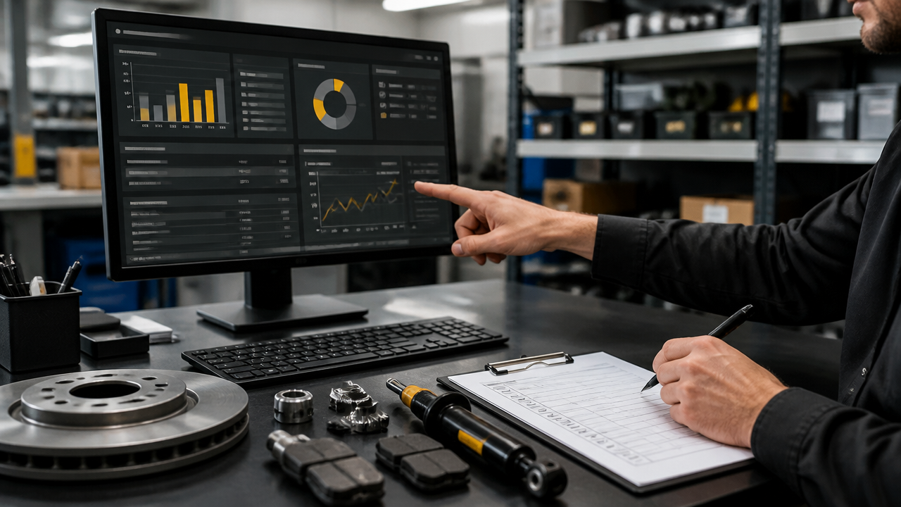 Painel de controle de software para oficina ao lado de checklist e peças organizadas