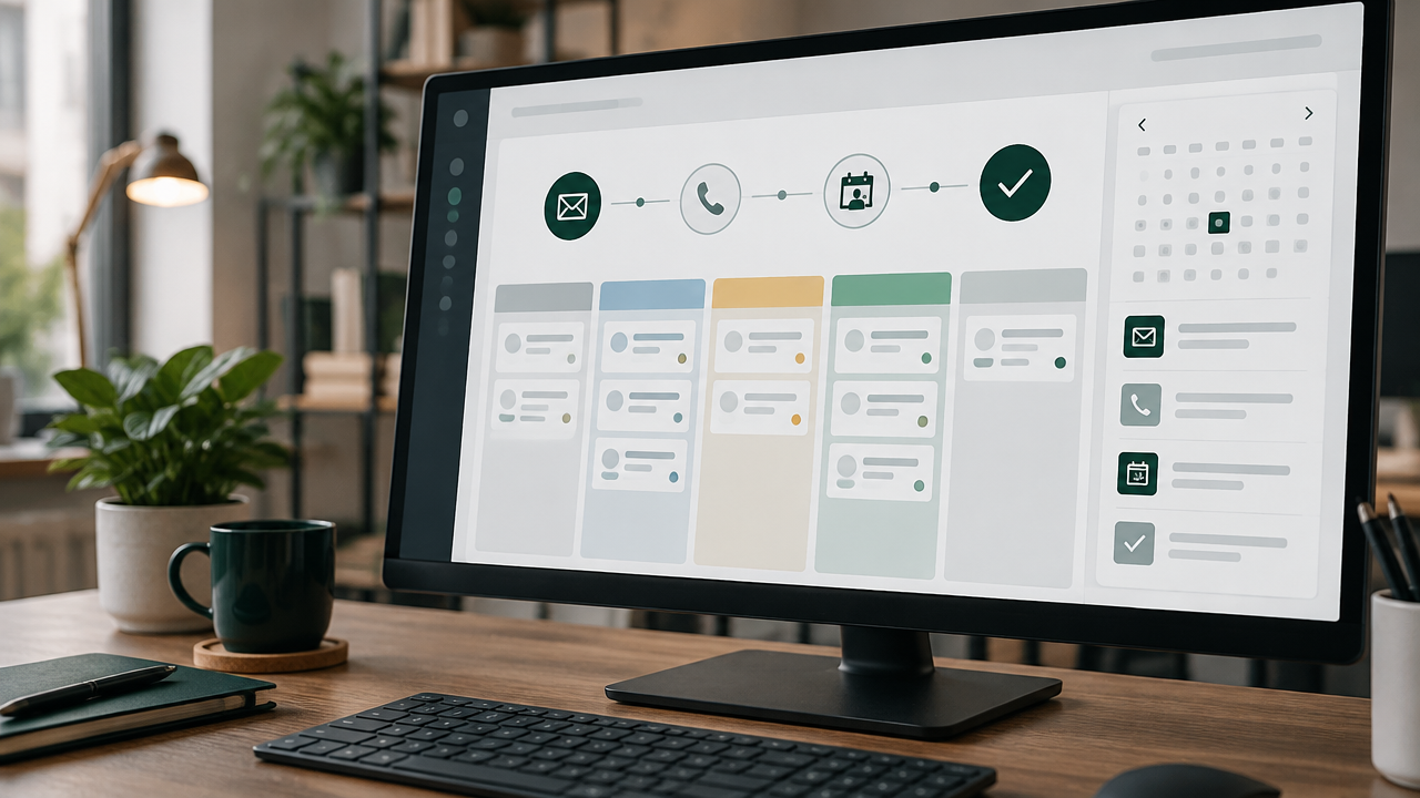 Painel de CRM abstrato com sequência organizada de contatos por diferentes canais
