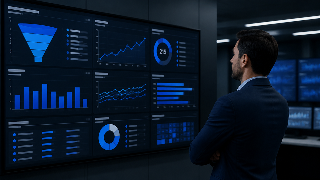 Painel de CRM com pipeline, qualificação e métricas de conversão em operação comercial