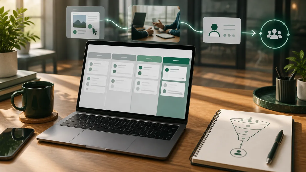 Painel de CRM e funil comercial integrando oferta, aquisição de leads e relacionamento B2B