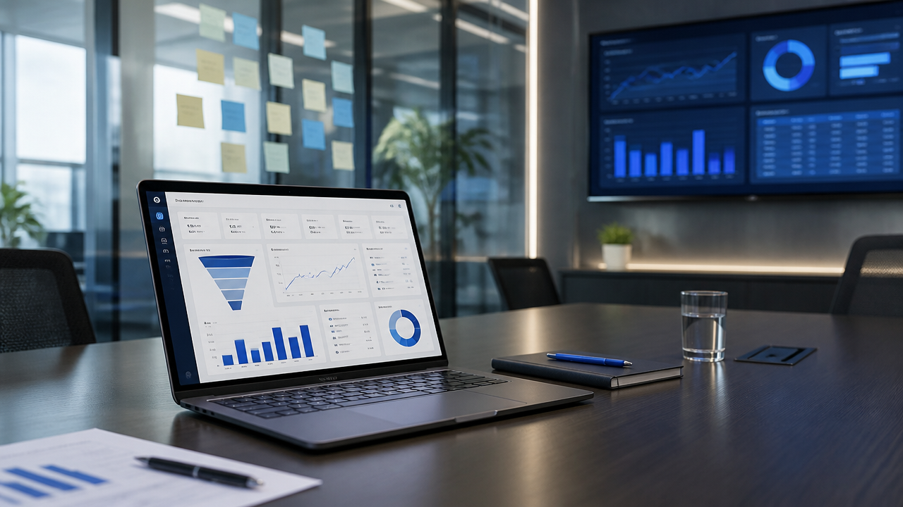 Painel de metas e funil comercial em ambiente corporativo moderno, representando previsibilidade de vendas em empresas B2B