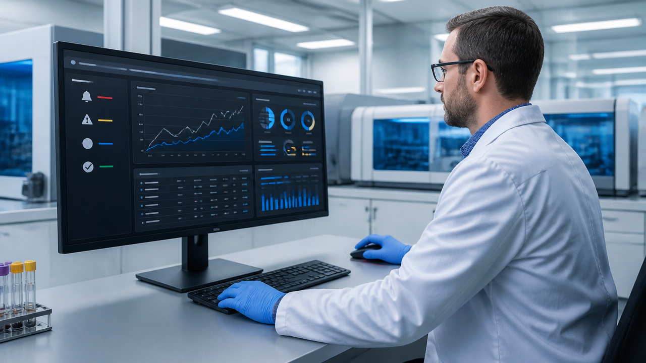 Panel de monitoreo con alertas priorizadas en un laboratorio automatizado