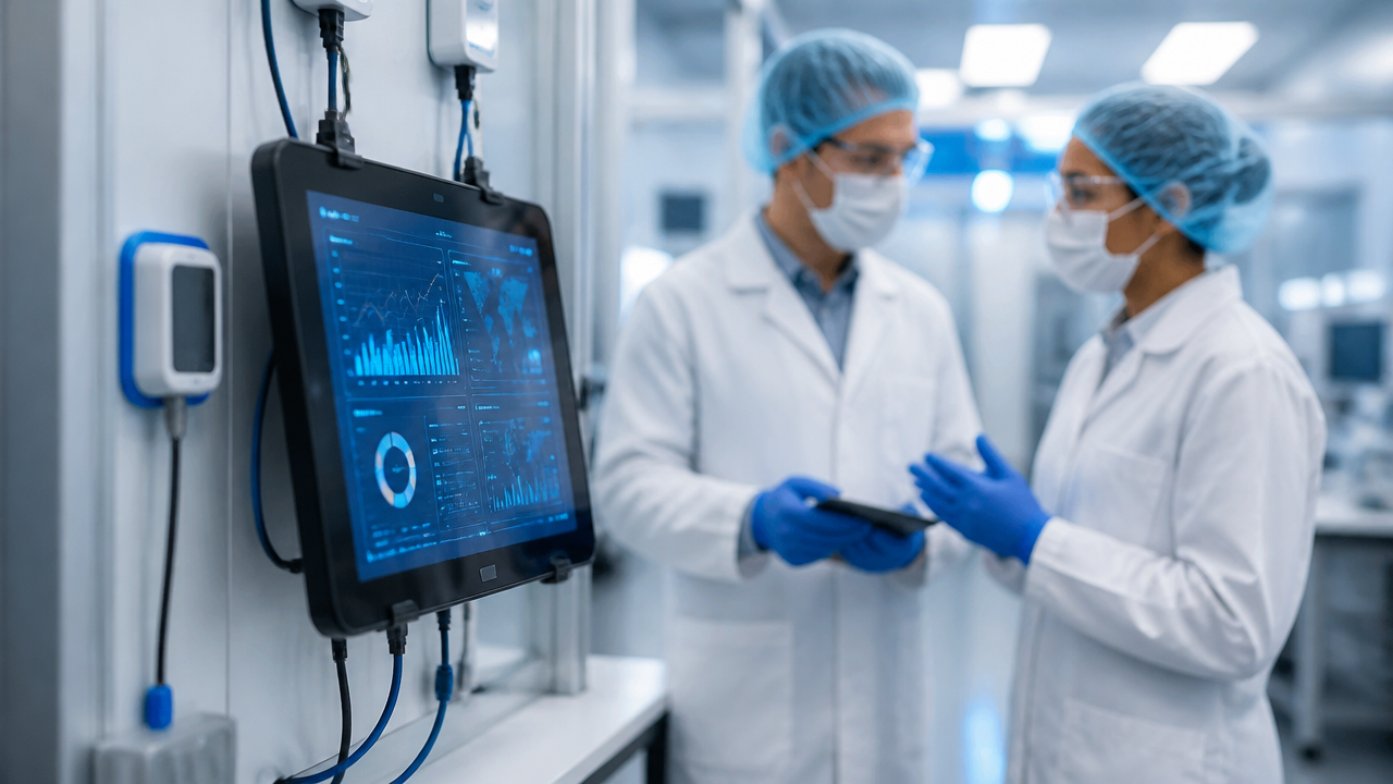 Painel de monitoramento de gases com equipe de laboratório analisando alertas