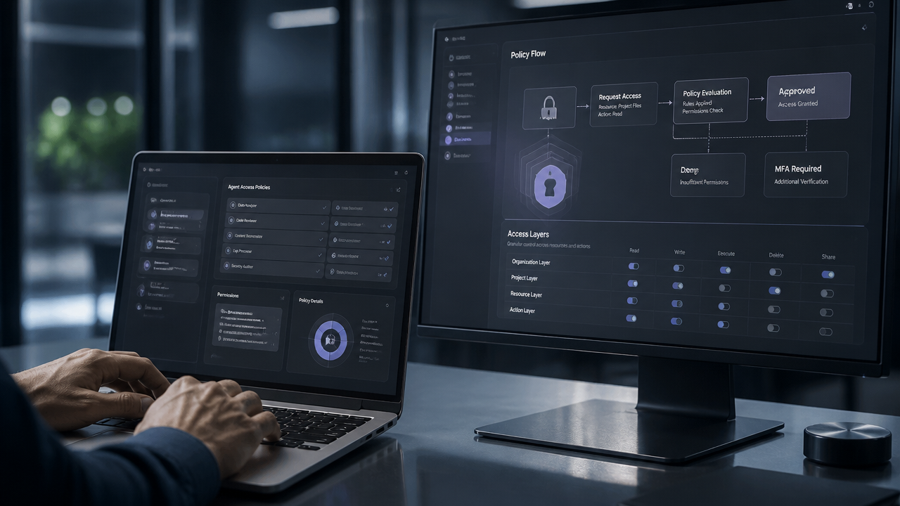 Painel de permissões granulares e políticas de acesso para agentes de IA em ambiente cloud.