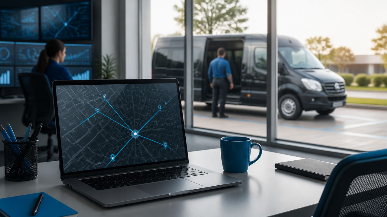 Painel de rotas em notebook com veículo de passageiros ao fundo em operação otimizada