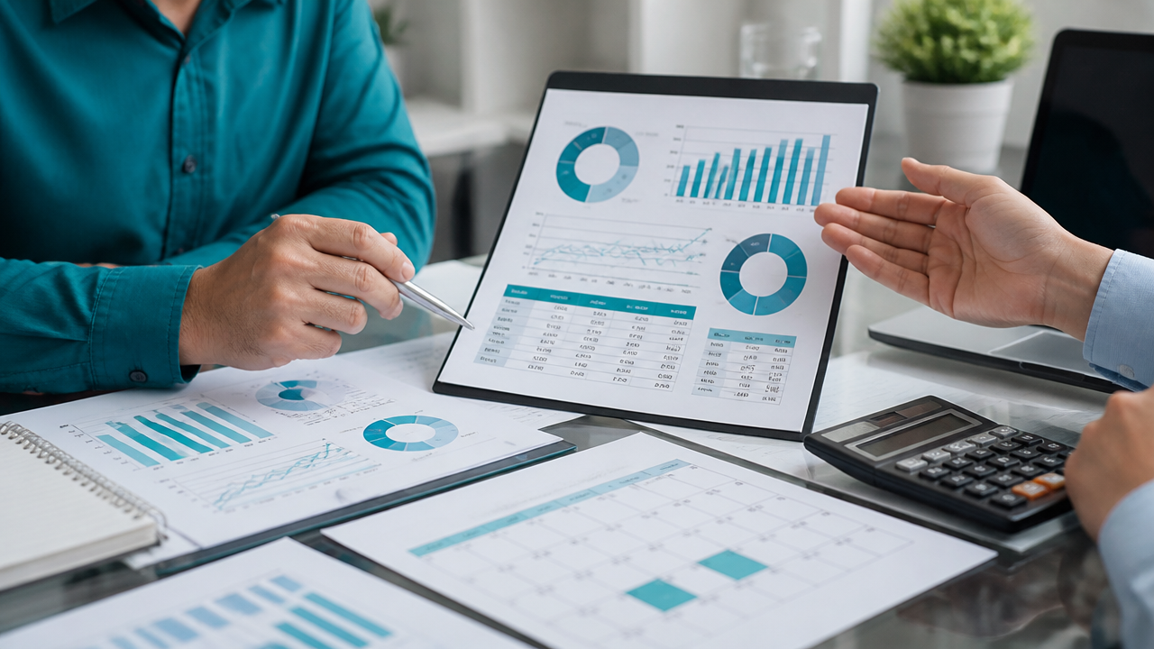 Painel financeiro de clínica sendo analisado com planilhas e indicadores