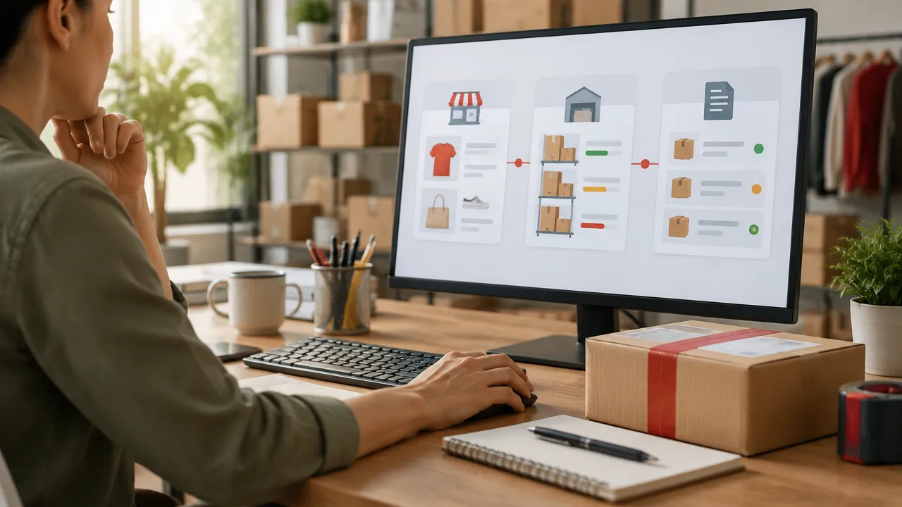 Painel genérico de e-commerce mostrando a sincronização de produtos, estoque e pedidos