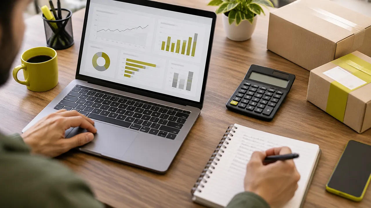 Painel genérico de métricas de campanha ao lado de uma calculadora e produtos embalados