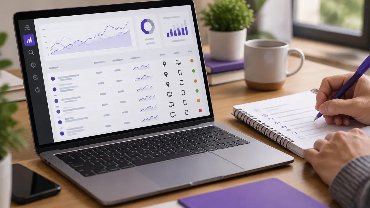 Painel genérico de SEO com dados de concorrentes e palavras-chave ao lado de anotações para comparar ferramentas.